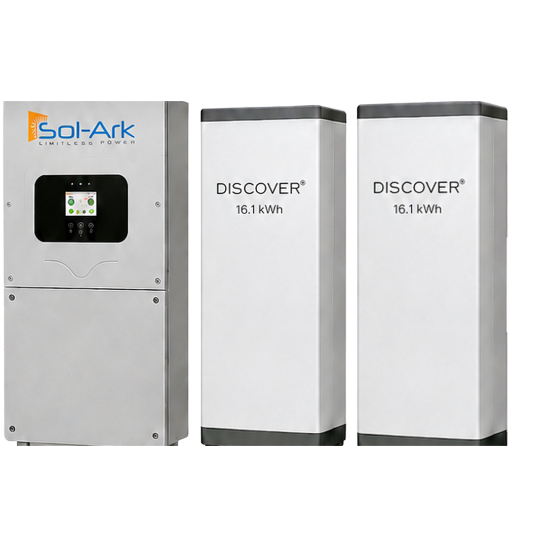 Sol-Ark Limitless inverter beside two Discover 16.1 kWh batteries